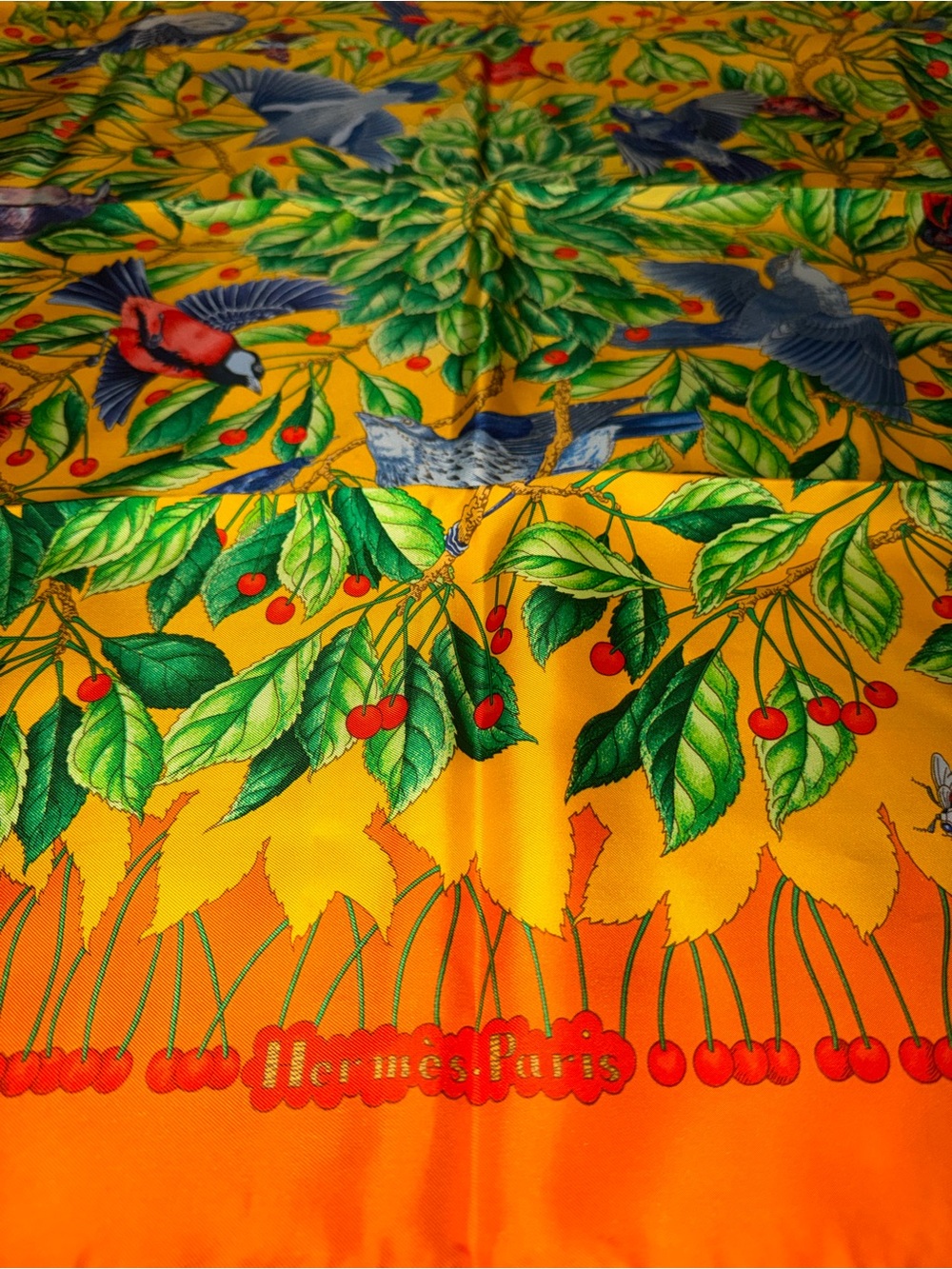 Hermes Orange Yellow Silk Scarf with Green Leaf & Red Cherry Motif - Picture 1 of 3